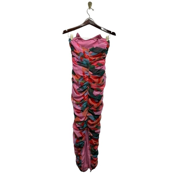 PRETTYLITTLETHING Multi Tropical Pointed Bandeau Mesh Ruched Midaxi Dress 4 - Picture 8 of 11